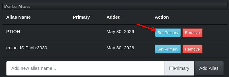 Setting an alias as primary