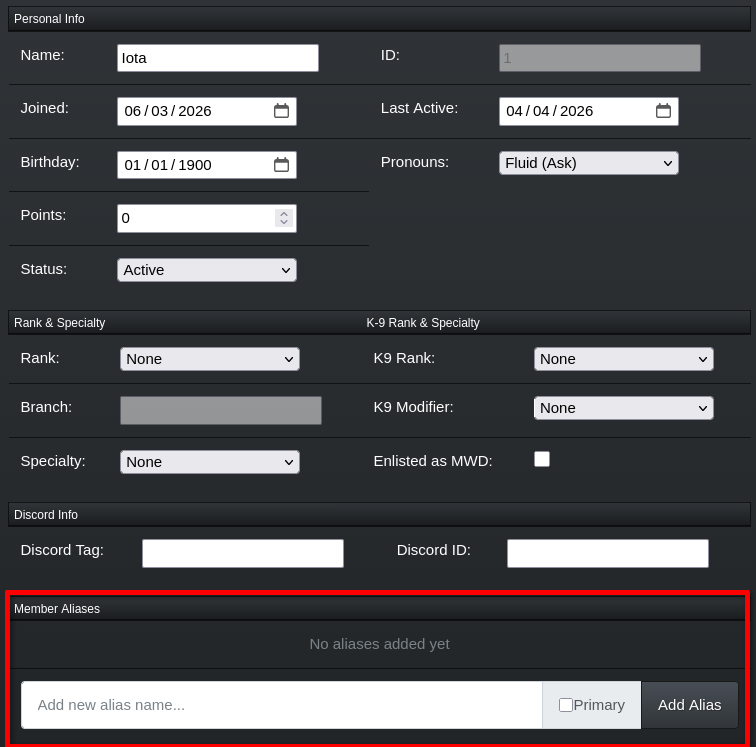 The member aliases page