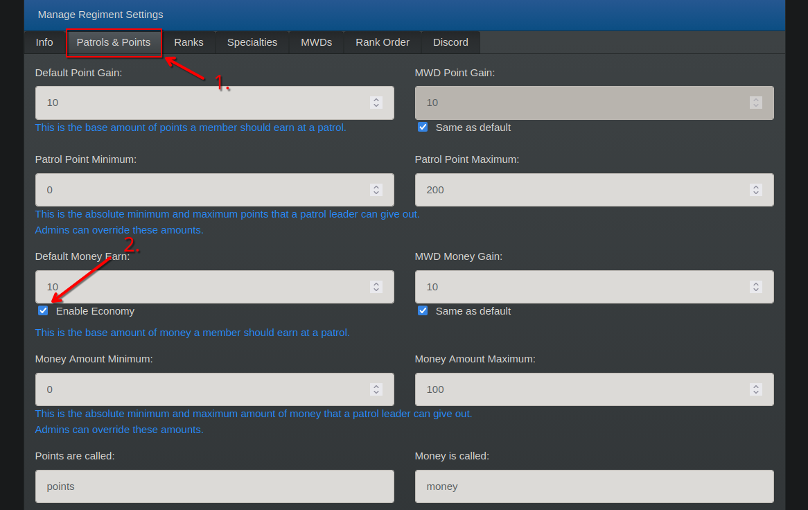 Enable Economy button in RegPoints dashboard