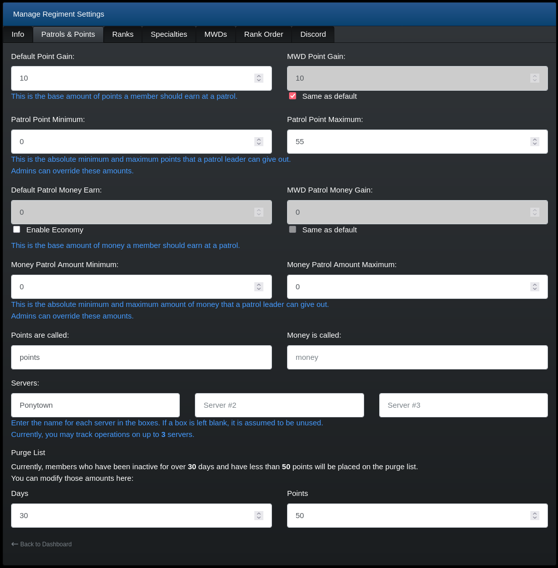 Points/Patrols tab