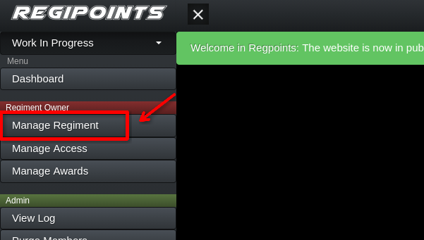 The "Manage Regiment" option in the dashboard sidebar menu